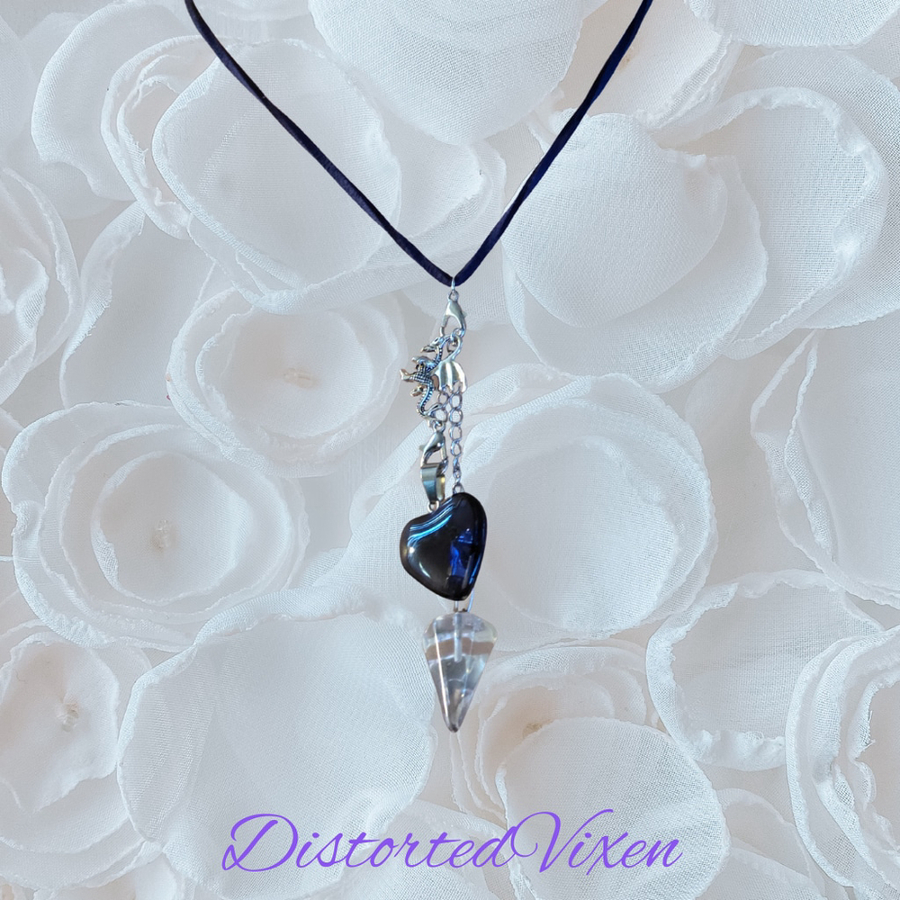 Navy Blue Glass Heart & Clear Glass Pendulum Necklace – with dragon charm